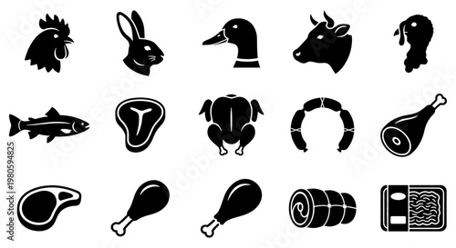 Butcher shop meat icons set, 15 black vector silhouettes of farm animals and raw protein products, deli and poultry market symbols