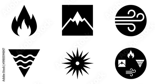 Minimalist nature elements icon set, black and white four elements symbols, flat vector collection of fire water air and earth signs