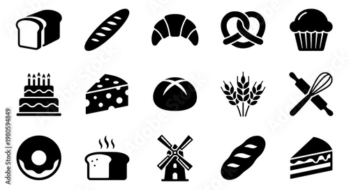Bakery icon set with 15 black vector elements, bread and pastry symbols for cafe menus, minimalist cake and wheat grain illustrations for food branding