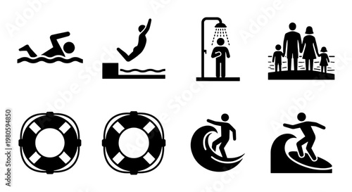 Swimming and beach activities icon set, 8 black vector pictograms for summer vacation, water sports and pool safety symbols for signage