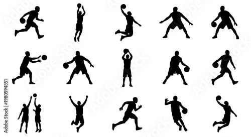 Basketball player silhouettes set, 15 black vector icons of athletes playing ball, professional basketball action poses for sports graphic design
