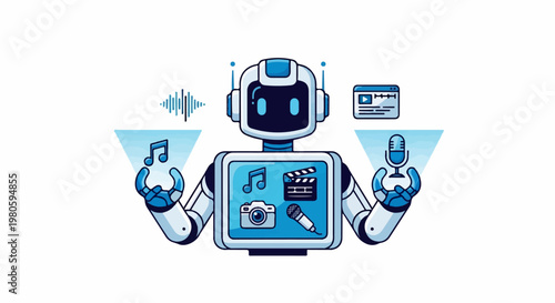 A robot displays icons representing various media types sound, music, video, camera, and microphone