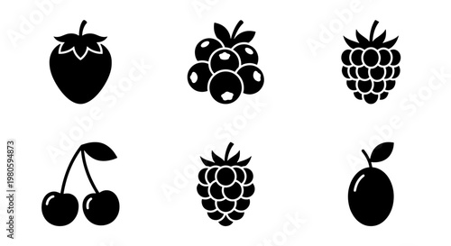 Minimalist berry fruit icon set, black silhouette berry collection including strawberry and cherry, 6 vector elements for food packaging and web design