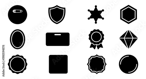 Minimalist black badge icons set, flat vector shield and pin button silhouettes, 12 geometric label templates for branding and identification
