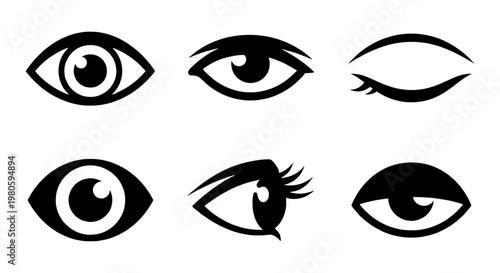 Minimalist human eye icons set, black silhouette eyeball vector illustrations, 6 vision and look symbols for optical health and beauty design