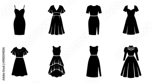 Black dress silhouette icons set, collection of 8 female fashion garment vectors, elegant evening gown and cocktail dress apparel illustrations