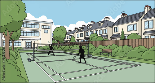 Two people play badminton on a court next to townhouses and a school