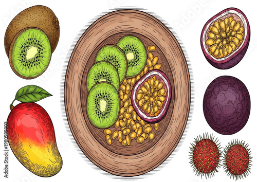 Tropical Fruit Salad Bowl with Mango, Kiwi, Passion Fruit, and Rambutan