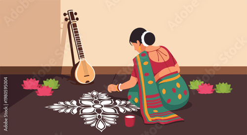 A woman in traditional Indian attire meticulously creates a beautiful rangoli design on the floor next to a veena and lotus decorations.