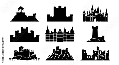 Medieval castle silhouettes set, 9 black fortress icons and royal palace symbols, ancient stone citadel and tower vector collection for logo design