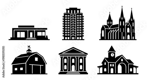 Minimalist building icons set, black silhouette architecture vector elements, collection of 6 urban and rural structure symbols for maps and infographics