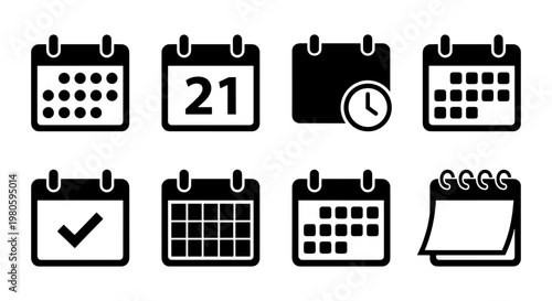 Minimalist calendar icon set, black flat vector schedule symbols, 8 business planning and appointment icons for web and mobile UI design