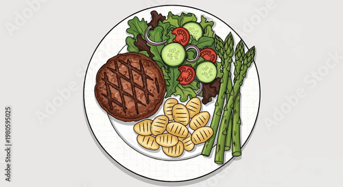Hearty meal on a plate grilled patty, salad, gnocchi, and asparagus