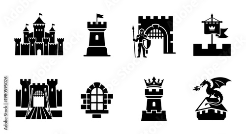 Medieval castle icon set, black silhouette fortress and knight symbols, 8 vector elements of fantasy kingdom architecture and dragon