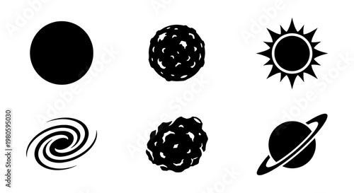 Minimalist space icon set, black celestial bodies and galaxy vector silhouettes, collection of 6 astronomical symbols for science infographics