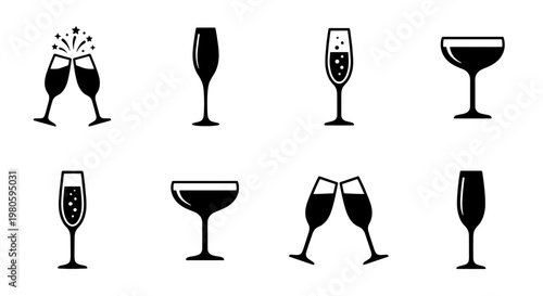 Champagne glass icons set, black sparkling wine flute and coupe silhouettes, 8 vector celebration drink symbols for wedding and party design