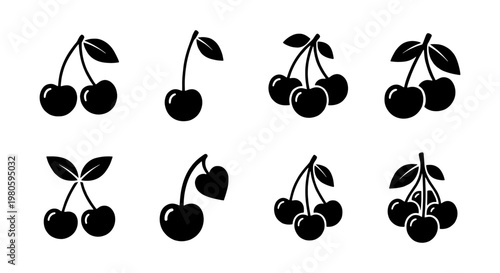 Minimalist cherry icon set, black silhouette fruit vector elements, 8 organic cherry berry symbols for food branding and menu design