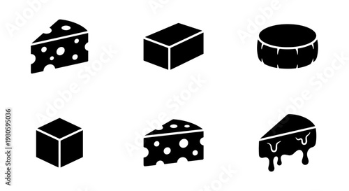Minimalist cheese icon set, black solid vector silhouettes of dairy products, collection of 6 cheese wedges and blocks for food packaging and menus