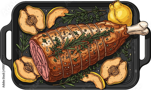 A roasted joint of meat on a tray with quince and herbs