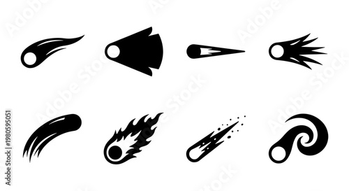 Black comet icons set, 8 stylized meteor and asteroid silhouettes, falling star vector elements for space and astronomy design