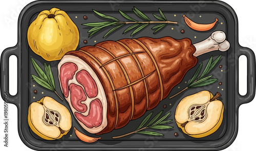 A rustic roasted meat dish featuring a bone-in leg of lamb, whole and halved quinces, rosemary sprigs, and peppercorns on a dark baking tray