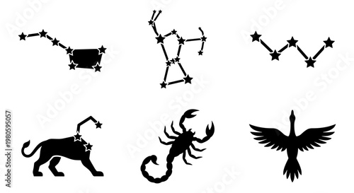 Celestial constellation vector icons set, black zodiac star map symbols, astronomical silhouettes of Orion Leo and Scorpio for astrology design
