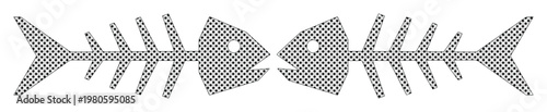 Minimalist fish skeleton vector icons, grey halftone patterned fish bone silhouettes, symmetrical aquatic remains for graphic design