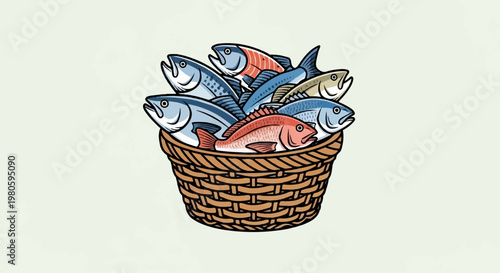 A woven basket overflows with a colorful assortment of fresh fish
