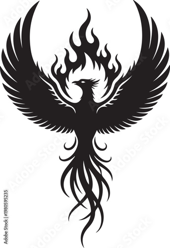 Black phoenix bird with flames on white background