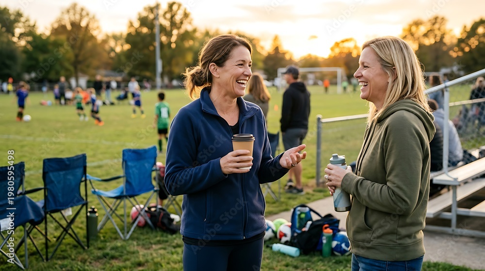 Fototapeta premium Two women laughing and talking at youth soccer game on sunset sidelines