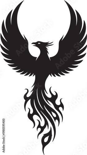 Black phoenix bird with flames on white background