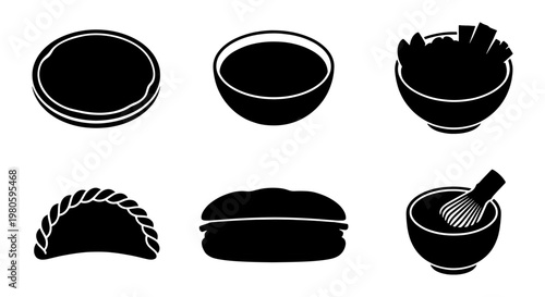 Black silhouette food icons set, traditional cuisine dishes and bakery items vector, 6 culinary elements for restaurant menu design