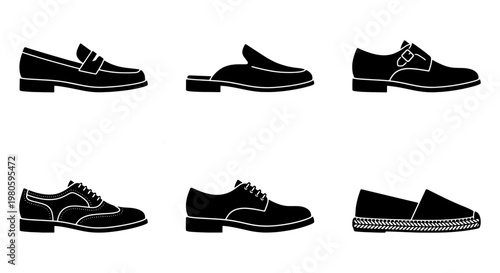 Classic men's footwear collection, set of 6 black shoe icons, formal leather dress shoes and casual loafers, minimalist vector footwear silhouettes
