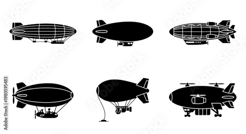 Vintage airship silhouette icons, set of 6 steampunk dirigible and zeppelin vector illustrations, retro aviation transport symbols