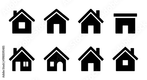 Minimalist house icon set, 8 black home vector symbols, simple residential building silhouettes for real estate and web interface design