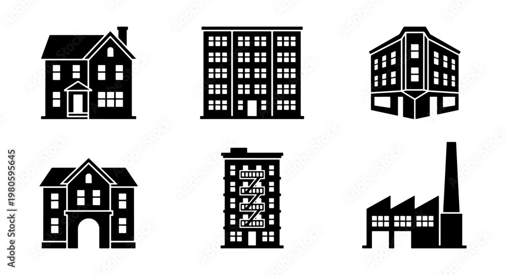 Obraz premium Black building icons set, urban architecture silhouette collection of 6 vector elements, residential house and industrial factory symbols for city maps