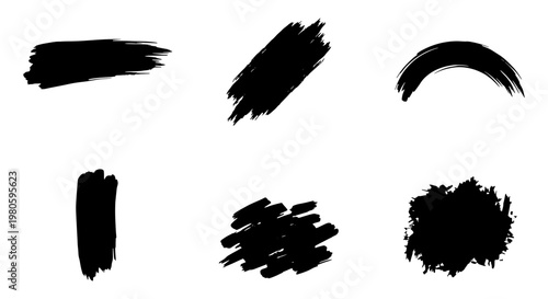 Grunge black paint brush strokes set, hand drawn ink splatter and smear vector elements, textured charcoal smudge collection for artistic design