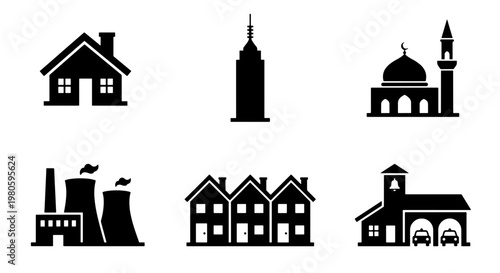 Minimalist building icons set, black silhouette architecture symbols, collection of 6 vector urban structures including house, mosque, and factory