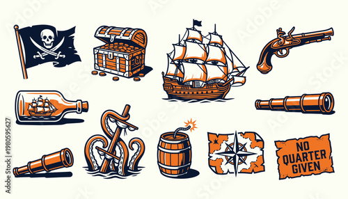 Vintage nautical adventure illustration set featuring classic maritime symbols