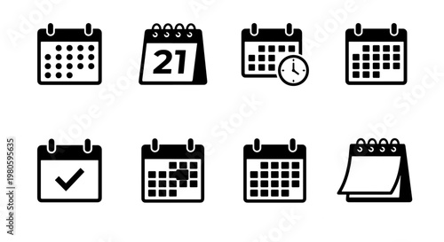 Calendar icon set with 8 black vector symbols, schedule and appointment planning elements, time management and date organizer icons for business