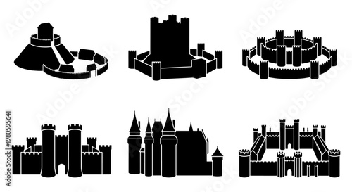 Medieval castle silhouette icons, 6 historical fortress vector elements, black stone palace and citadel set for map design and gaming