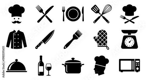 Cooking and kitchen icon set, 15 black vector silhouettes of culinary tools and chef equipment, restaurant dining and food preparation symbols