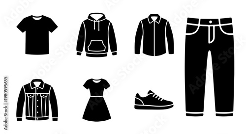 Minimalist clothing icons set, black silhouette apparel vector collection, casual fashion garments and footwear for retail and e-commerce apps