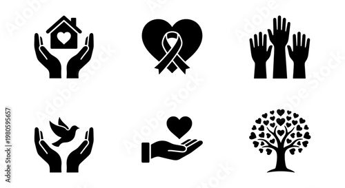 Charity and donation icon set, 6 black vector symbols for non-profit organizations, community support and volunteer work illustrations
