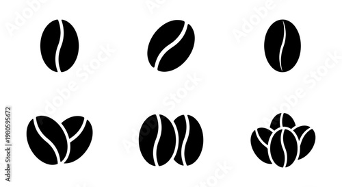 Minimalist coffee bean icon set, black roasted coffee seed vector illustrations, simple caffeine bean silhouettes for cafe branding and menu design
