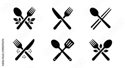 Minimalist cutlery icons set, black crossed fork spoon and knife silhouettes, 6 restaurant logo elements, kitchen utensil vector symbols for dining