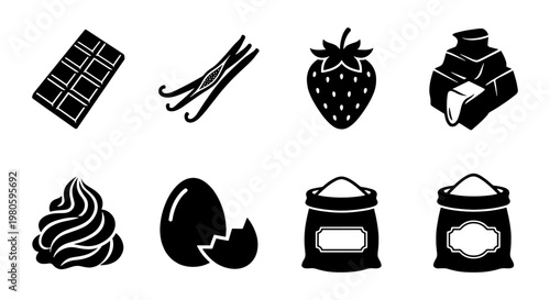 Baking ingredients icon set, 8 black silhouette vector elements, chocolate and vanilla cooking symbols, flour and sugar sacks for bakery branding