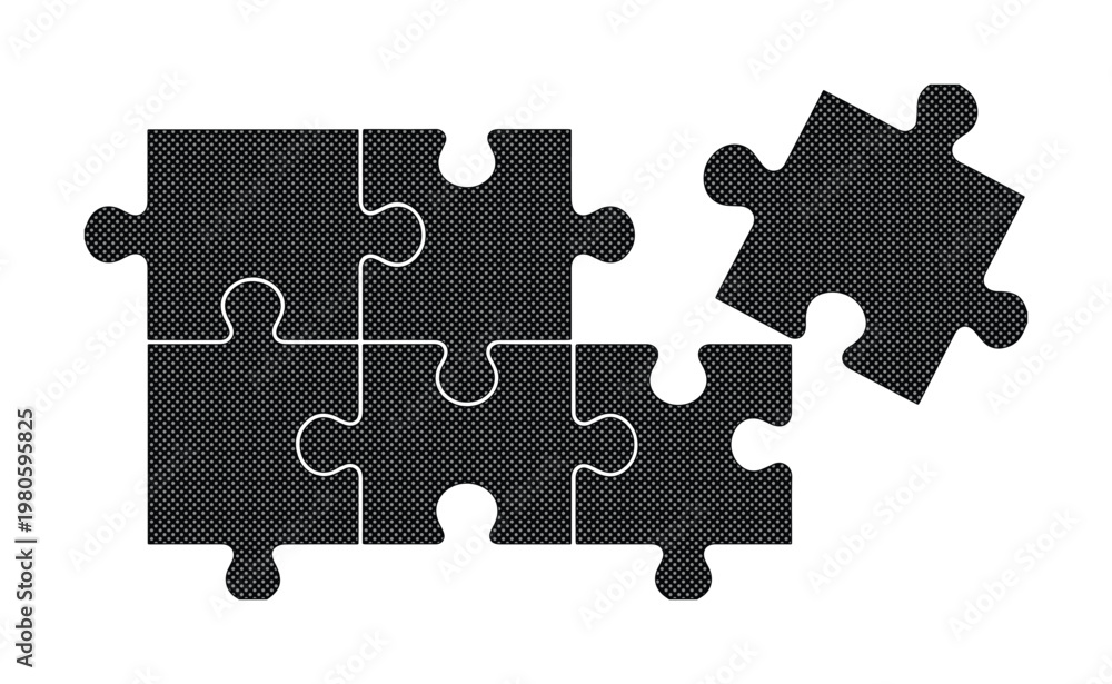 Fototapeta premium Black jigsaw puzzle vector with missing piece, minimalist puzzle elements for business strategy, 5 interlocking puzzle pieces on white background