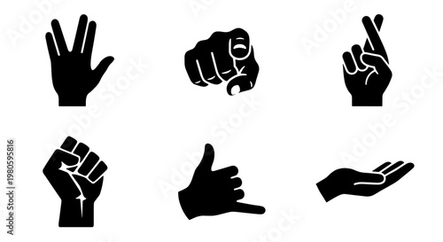 Black hand gesture icons set, human hand silhouettes with finger signals, collection of 6 vector hand signs for communication and UI design