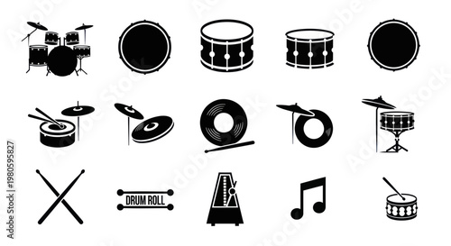 Drum Set Icons and Musical Symbols Collection